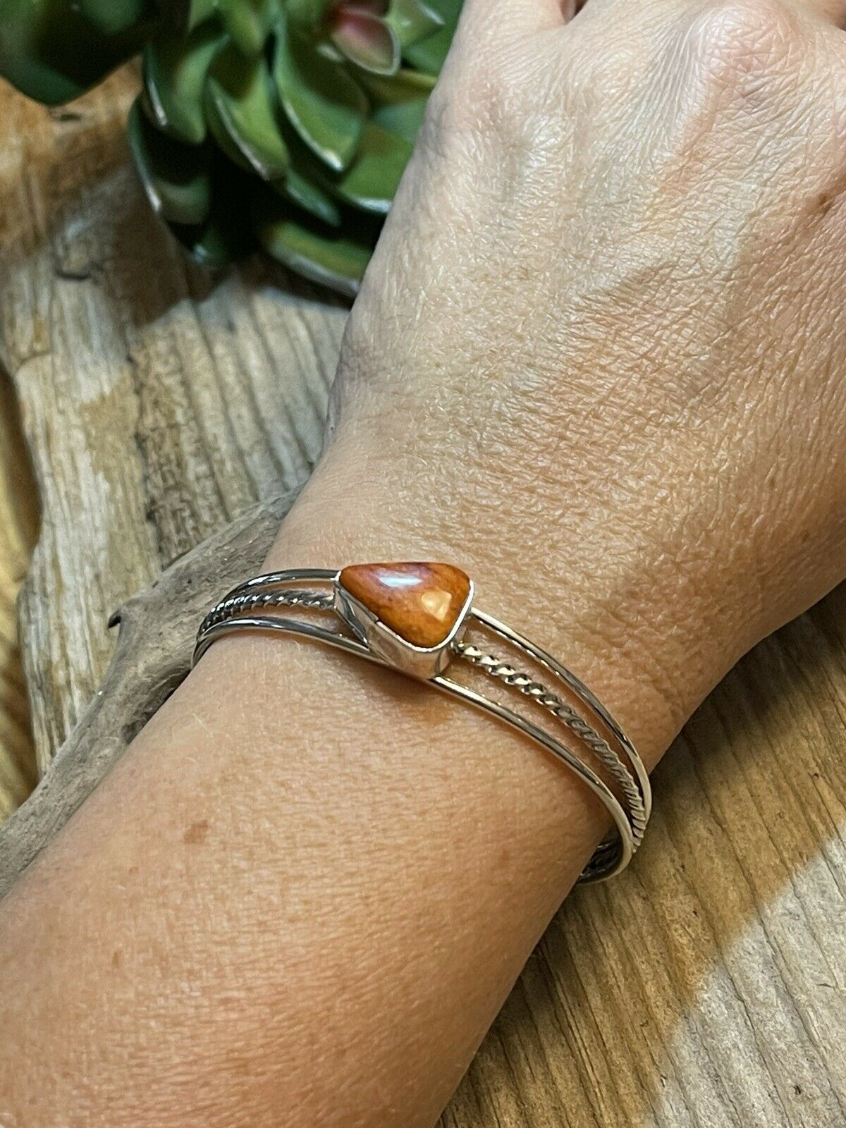 Navajo Triangle Orange Spiny Sterling Silver Bracelet Rope Style Cuff