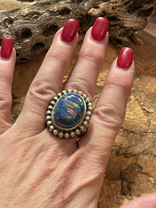 Navajo Blue Rainbow Opal & Sterling Silver Ring Size 7