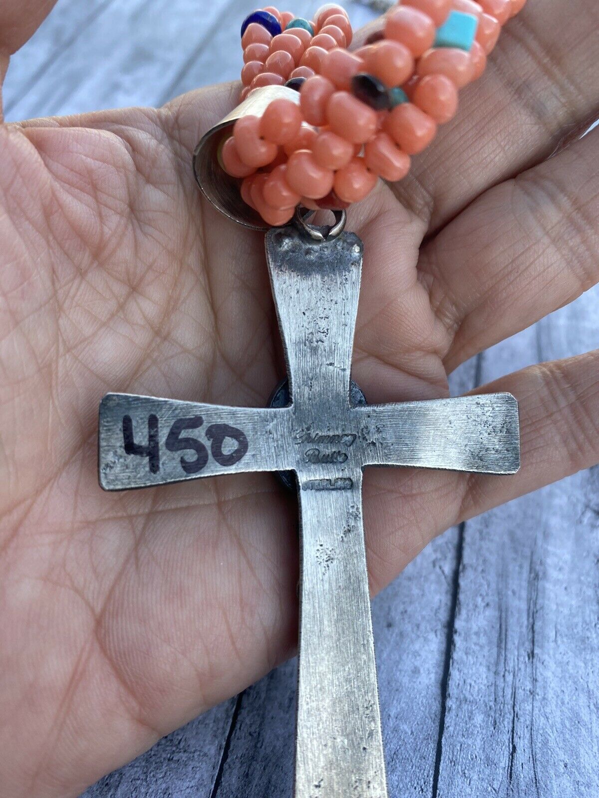 Navajo Sterling Silver & Orange Spiny Shell  Cross Pendant Chimney Butte