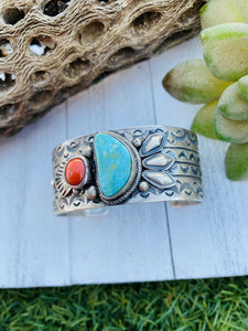 Vintage Navajo Turquoise, Coral & Sterling Silver Cuff Bracelet By Sheila Tso