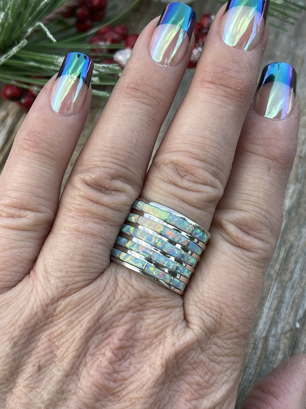 Navajo Sterling Silver Iridescent Opal Stacked Ring