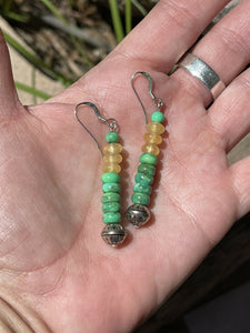 Navajo Sterling Silver Golden Quartz and Green Kingman Turquoise Dangle Earrings