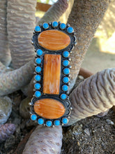 Load image into Gallery viewer, Devon Brown Navajo Sterling Silver, Turquoise &amp; Orange Spiny Oyster Ring Sz 8.5