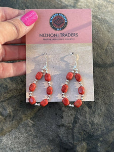 Navajo Sterling Silver Apple Coral Loop Beaded Dangle Earrings