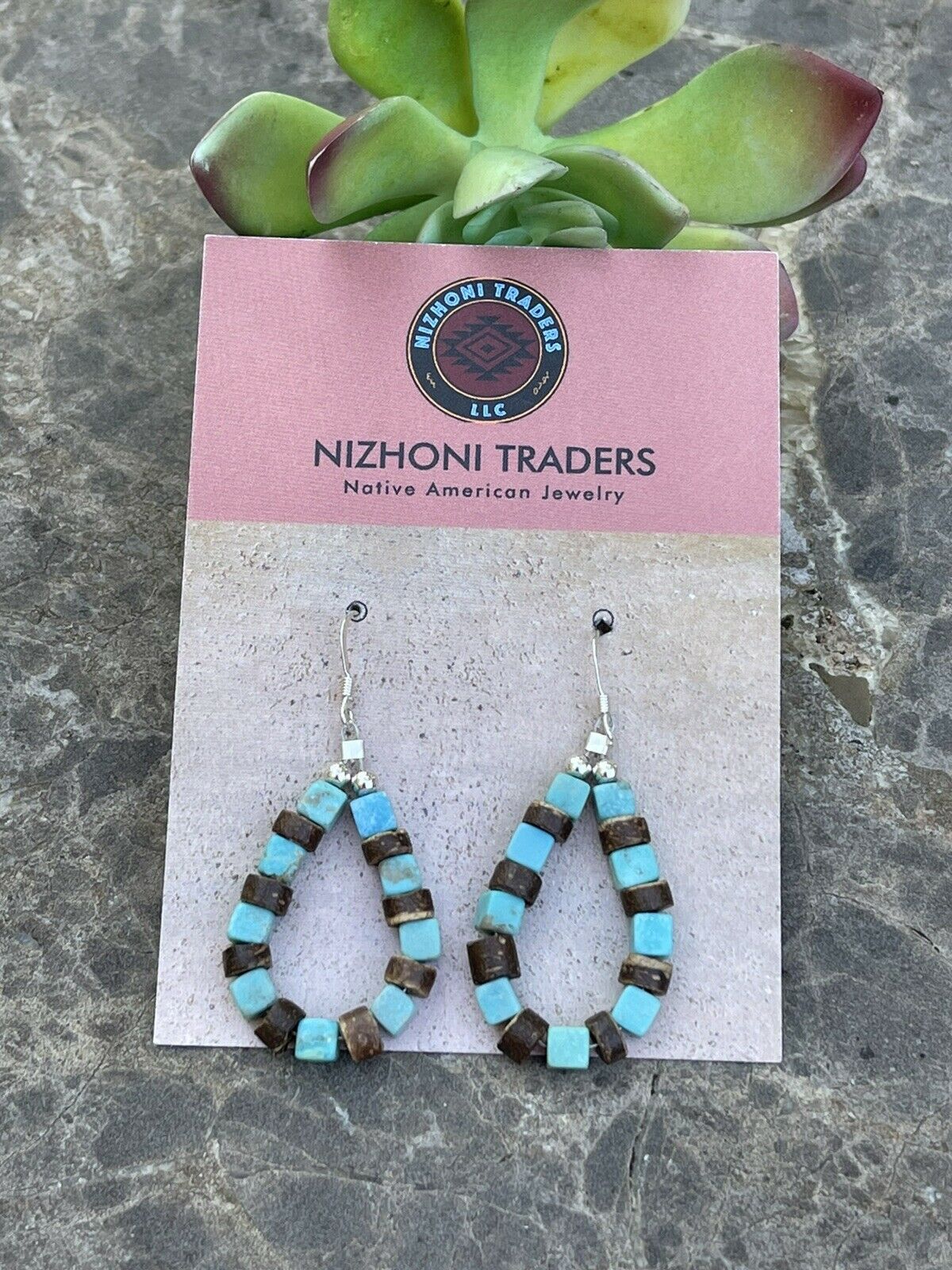 Navajo Turquoise & Jasper Sterling Silver Beaded Dangle Hoop Earrings