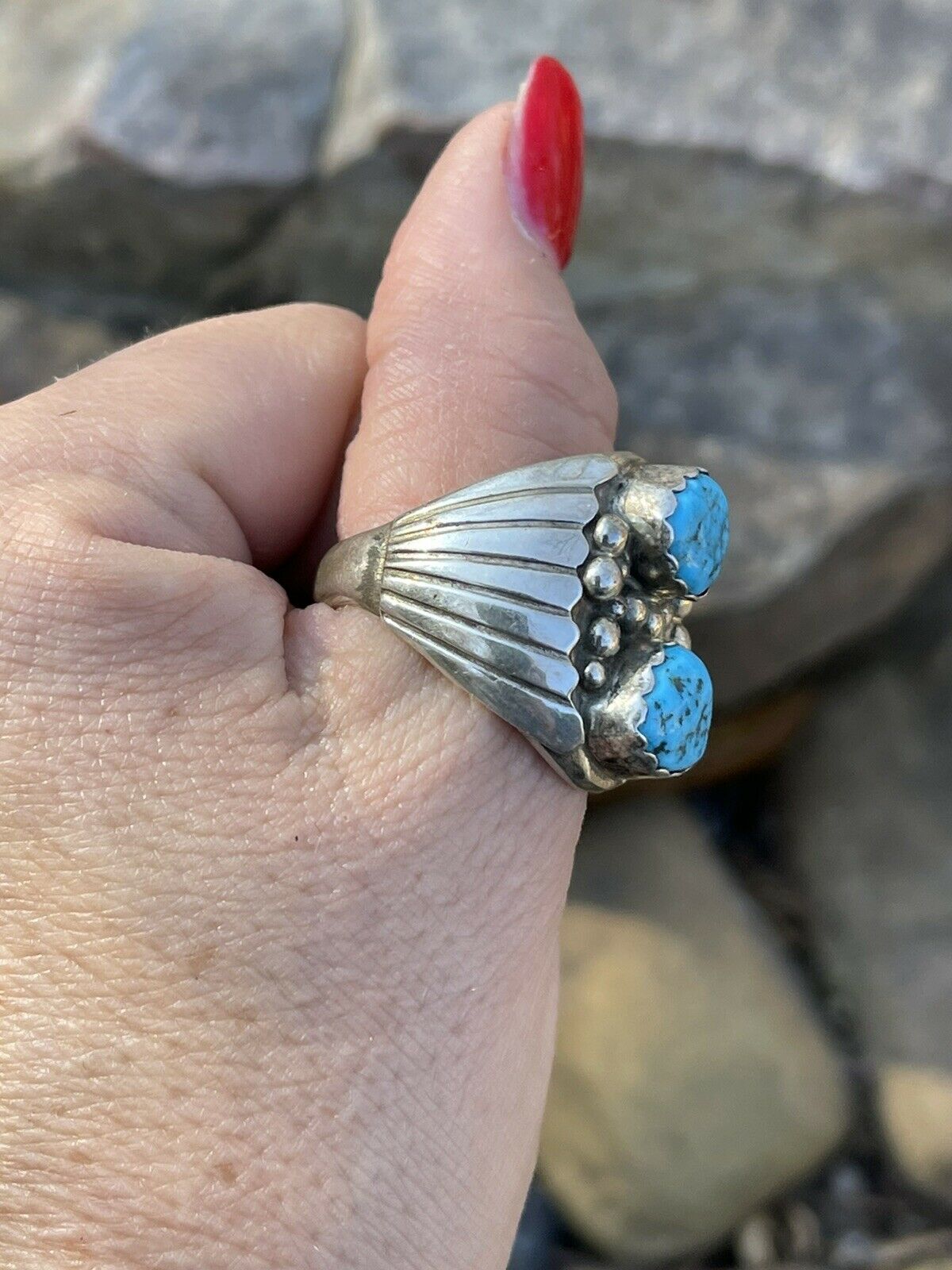 Navajo Sterling Silver & Kingman Turquoise 2 Stone Ring Size 13.5