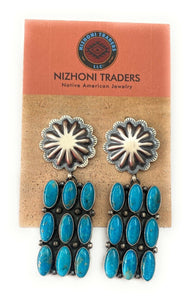 Navajo Turquoise & Sterling Silver Cluster Dangle Earrings Signed