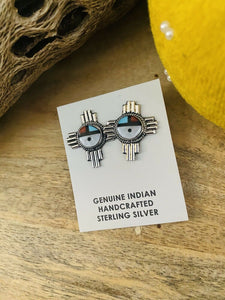Zuni Sun Face Multi Stone And Sterling Cross Stud Earrings