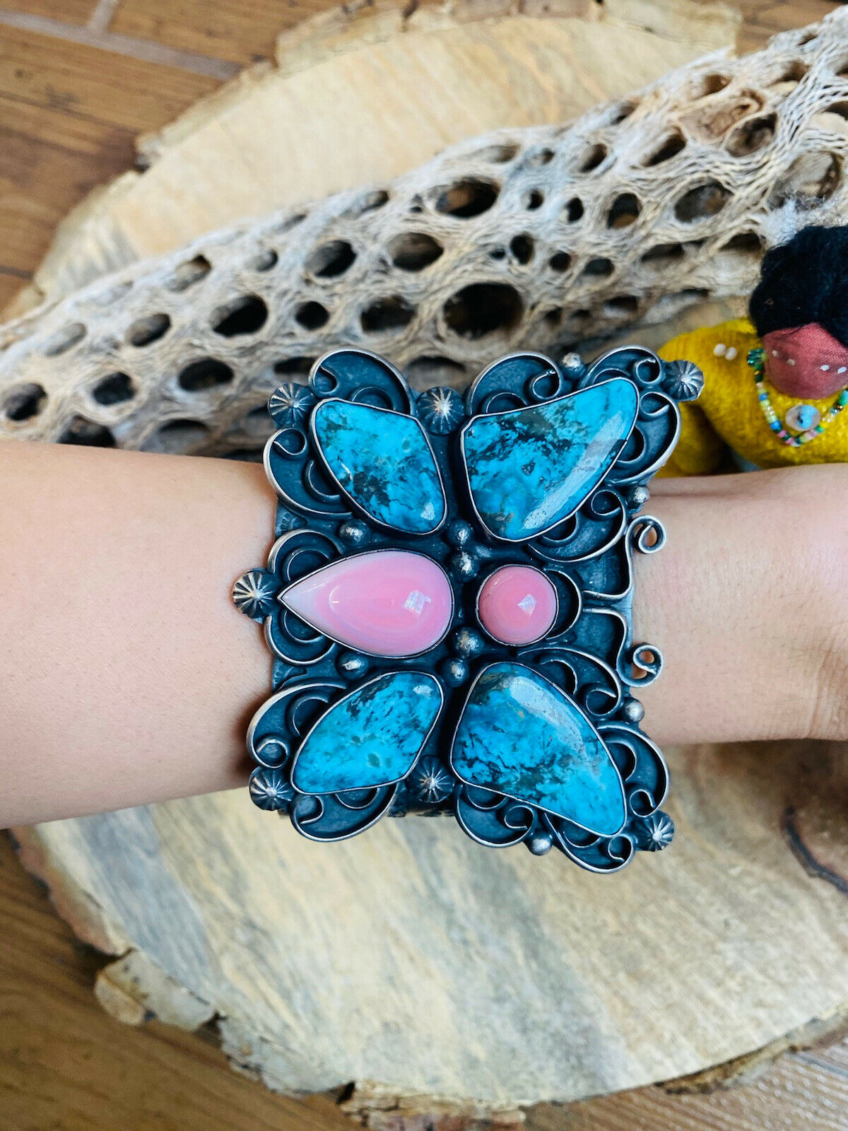 Navajo Turquoise, Pink Coral & Sterling Silver Butterfly Cuff Bracelet