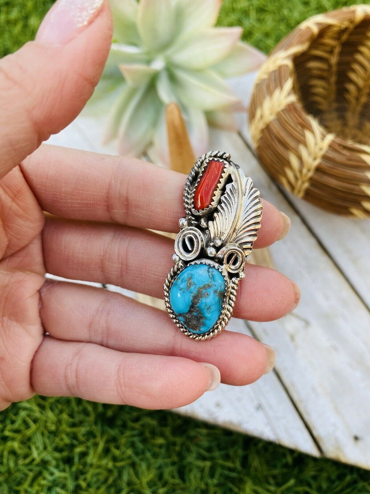 Navajo Turquoise, Coral & Sterling Silver Ring Size 5.5