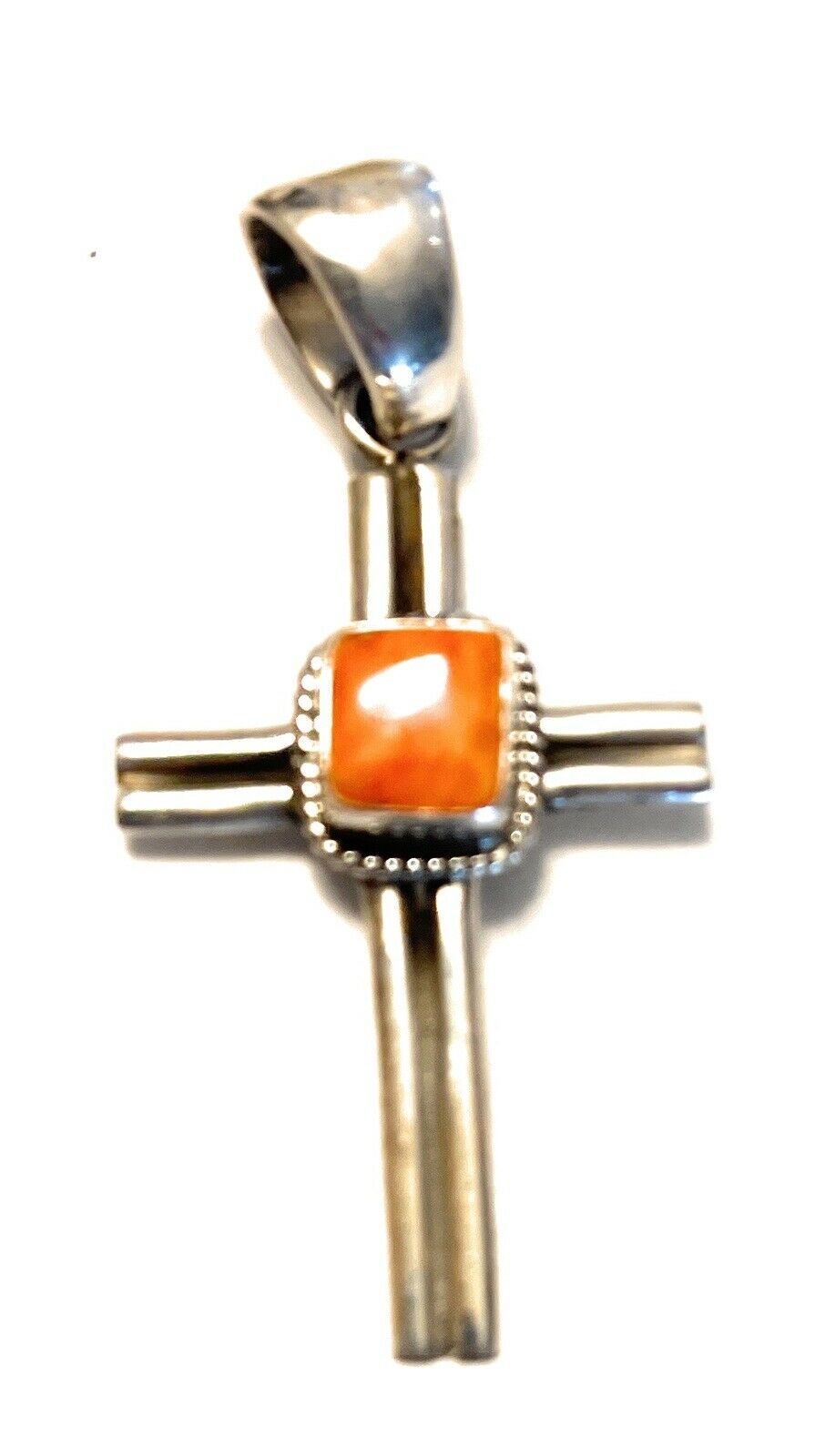 Navajo Sterling Silver & Orange Spiny Shell  Cross Pendant Signed