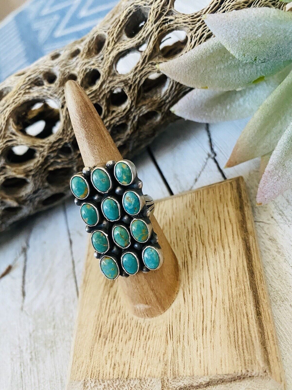 Navajo Turquoise & Sterling Silver Cluster Ring Size 5.5 Signed