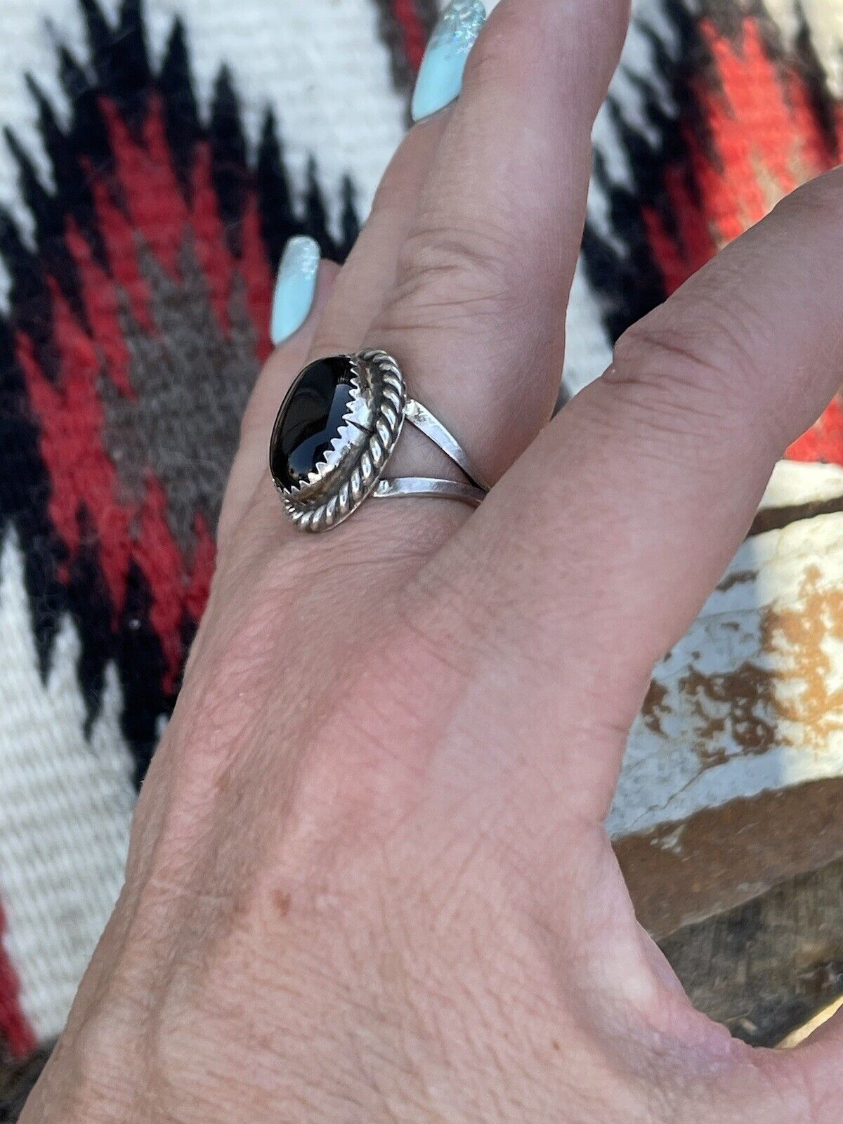 Navajo Sterling Silver Black Onyx Rope Style Ring