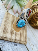 Load image into Gallery viewer, Navajo Turquoise, Coral &amp; Sterling Silver Ring Size 5