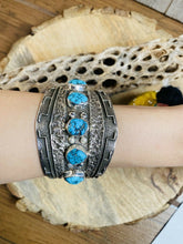 Load image into Gallery viewer, Navajo Kingman Turquoise &amp; Hand Stamped Sterling Silver Cuff Bracelet