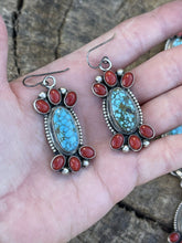 Load image into Gallery viewer, Navajo Sterling Kingman Turquoise Natural Red Coral Necklace Set Taos Collection