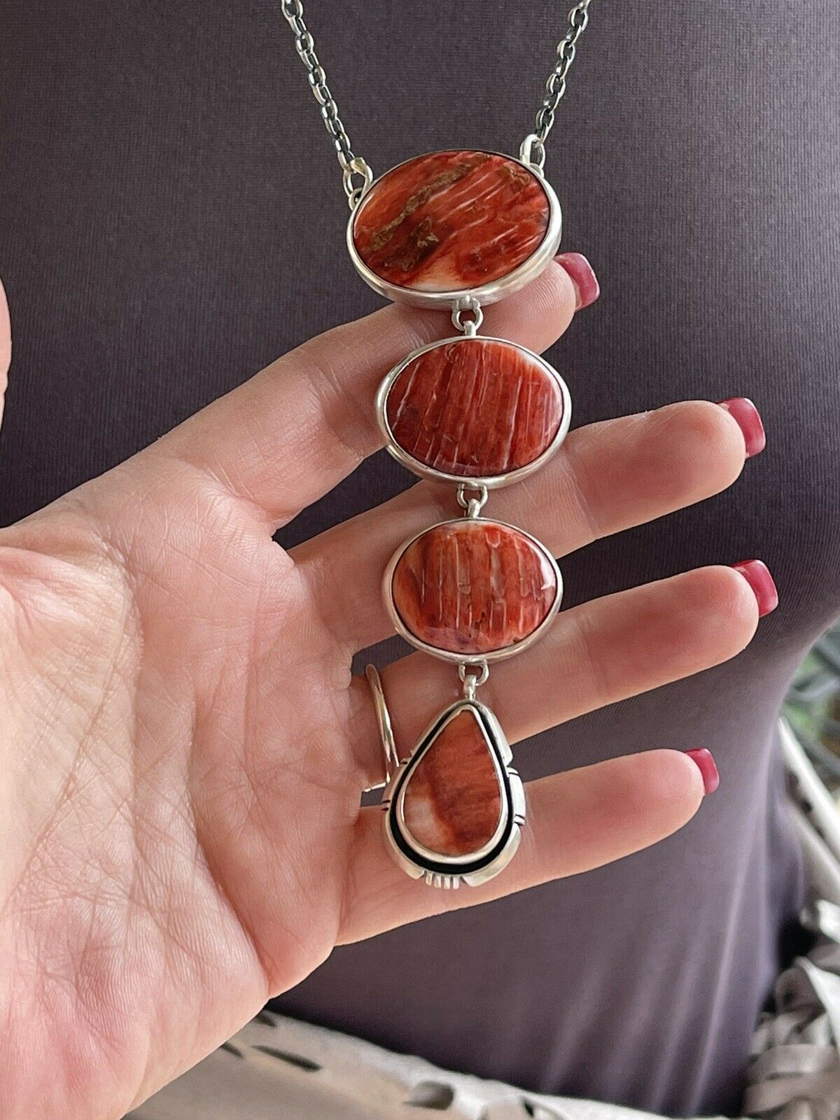 Navajo Orange Drop Spiny Sterling Silver Lariat Necklace