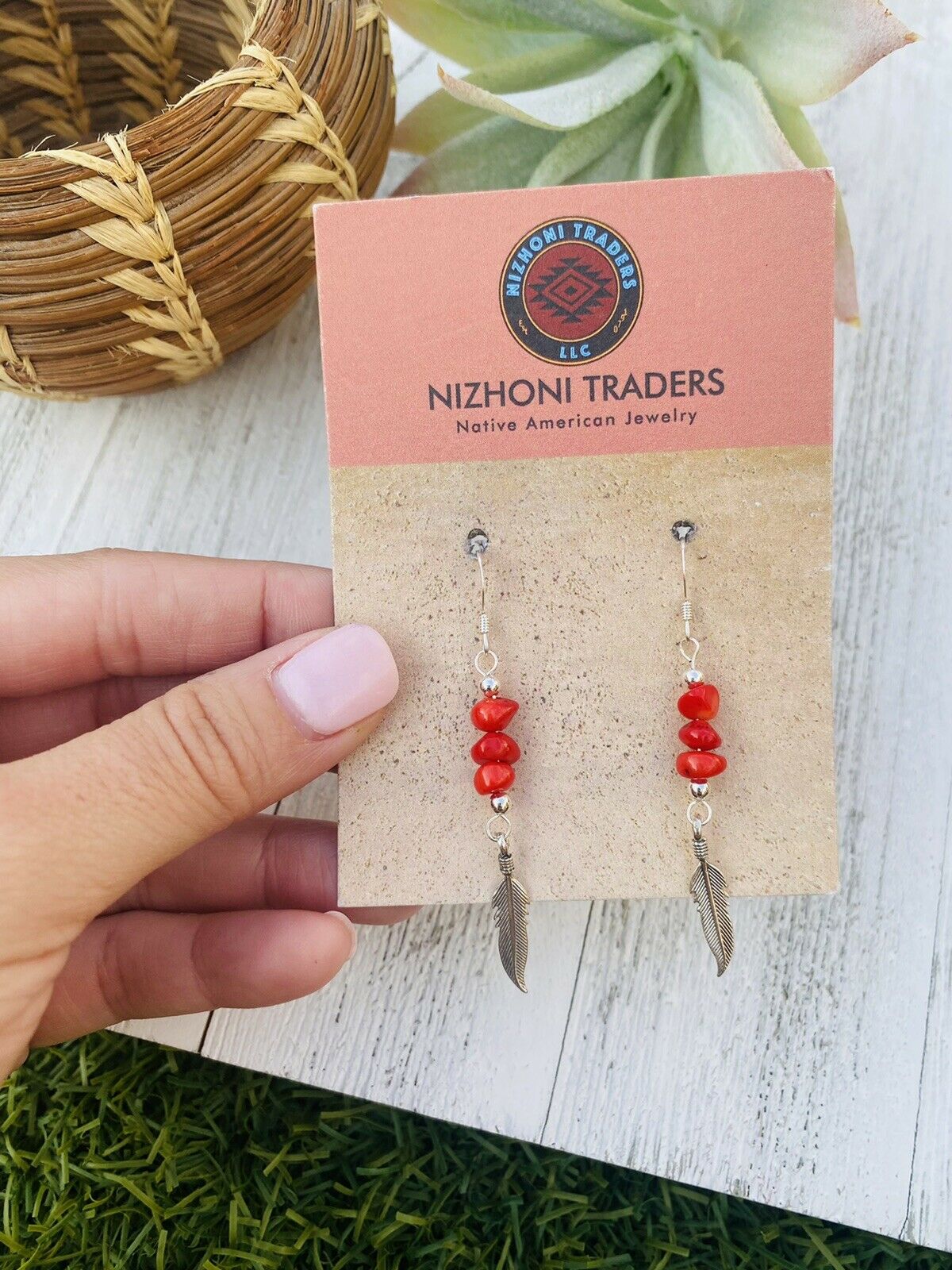 Navajo Coral & Sterling Silver Feather Dangle Earrings