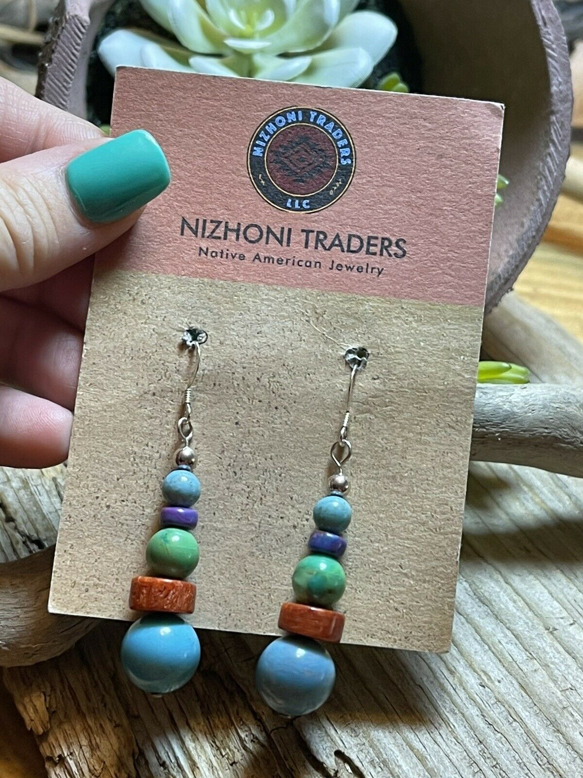 Navajo Sterling Silver Multi Stone Round Bead Dangle Earrings