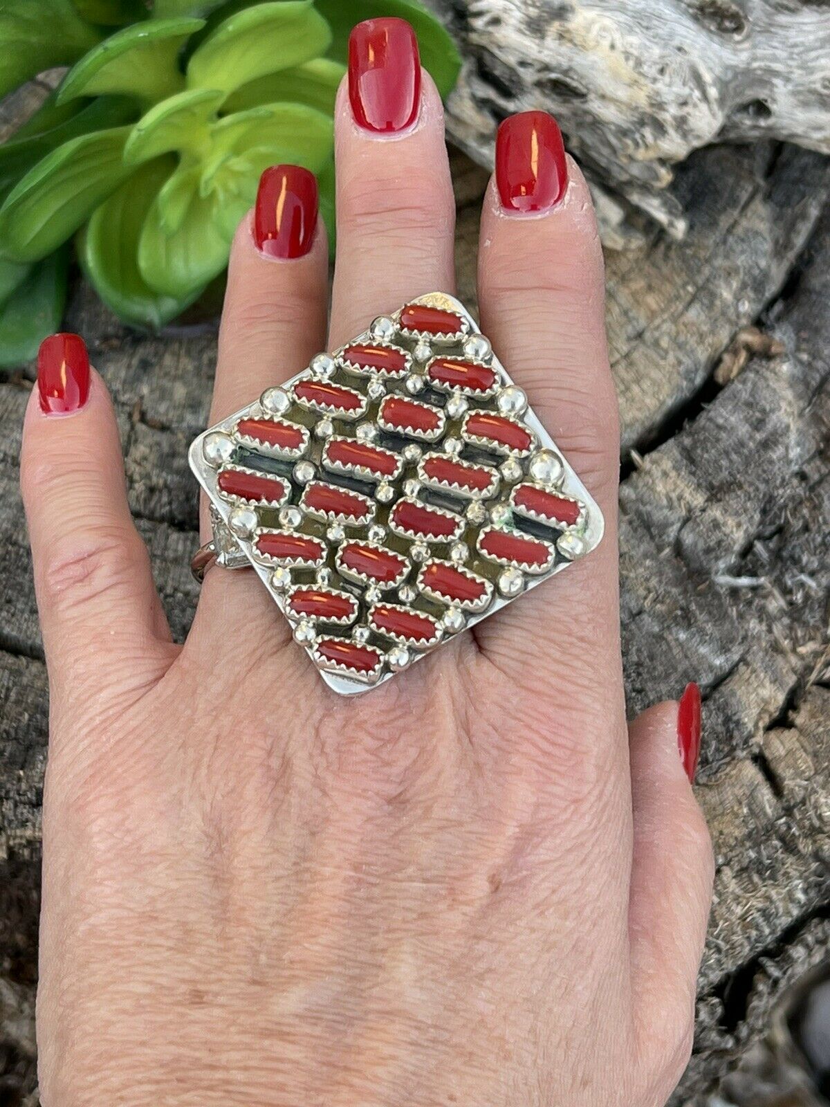 Navajo Sterling Silver Square Platform Red Coral Ring Sz 8