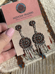 Zuni Sterling Silver Needlepoint Natural Red Coral Dangle Earrings