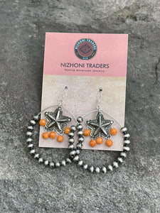 Navajo Sterling Silver Bead Orange Spiny Texas Hoop Earrings