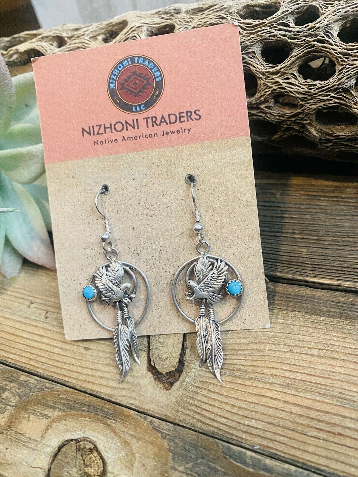 Vintage Old Pawn Navajo Turquoise & Sterling Silver Eagle Dangle Earrings