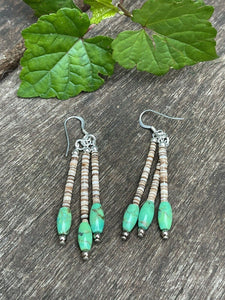 Navajo Sterling Green Kingman Turquoise 3 Strand Heishi Beaded Earrings