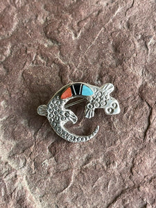 Navajo Sterling Silver Turquoise, Onyx and Spiny Stone Lizard Pendant Pin Signed