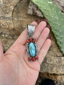 Navajo Sterling Kingman Web Turquoise & Red Coral Pendant Taos Collection