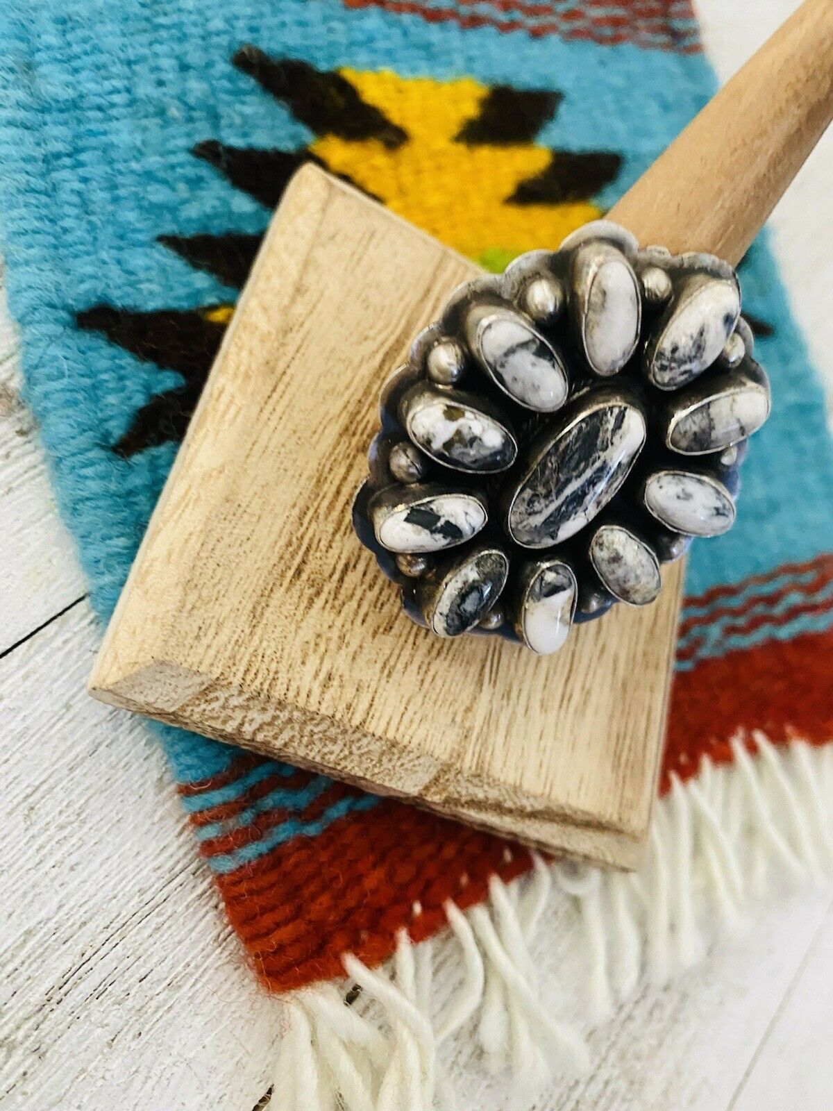 Navajo Sterling Silver And White Buffalo Cluster Ring Size 10