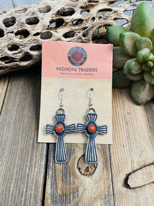 Navajo Coral & Sterling Silver Cross Dangle Earrings By Kevin Billah