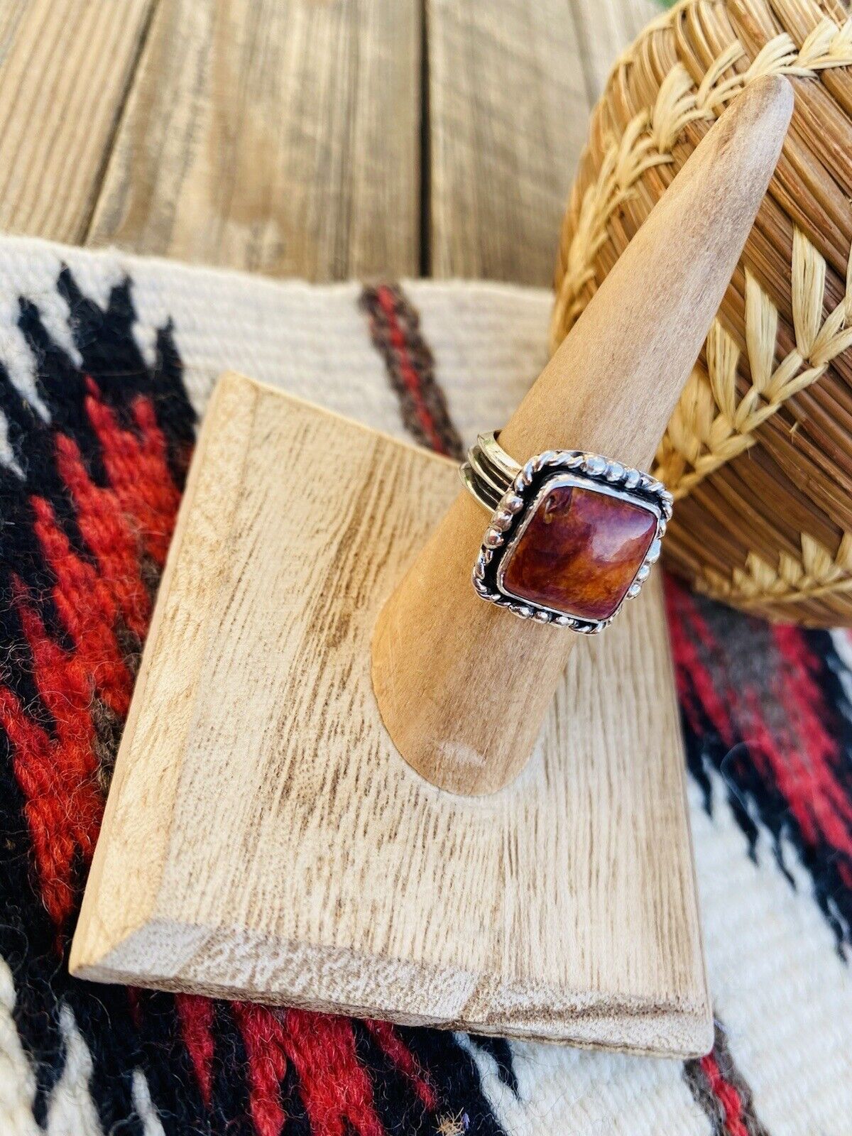 Navajo Sterling Silver & Orange Spiny Ring Size 6