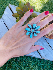 Navajo Turquoise & Sterling Silver Cluster Ring Size 9