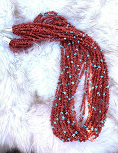 Navajo Sterling Silver Natural Coral & Turquoise 15 Strand Bead Necklace