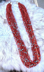 Navajo Sterling Silver Natural Coral & Turquoise 15 Strand Bead Necklace