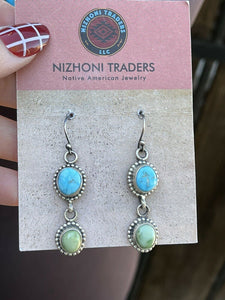 Navajo Sonoran Gold Turquoise & Golden Hills Turquoise Silver Lariat Earring Set