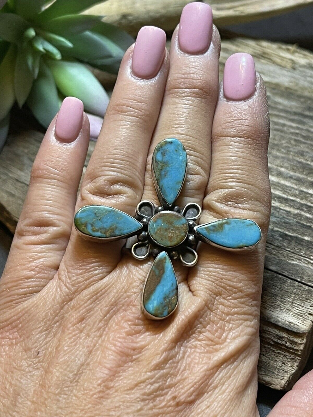 Sterling Silver & Royston Turquoise Scroll Petal Ring Size 7 Signed