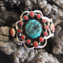 Load image into Gallery viewer, Navajo  Sterling Statement Kingman Turquoise &amp; Natural Red Coral Bracelet Cuff