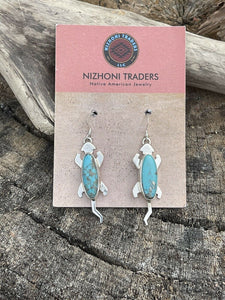 Navajo Sterling Silver Turquoise Stone Gecko Dangle Earrings Signed
