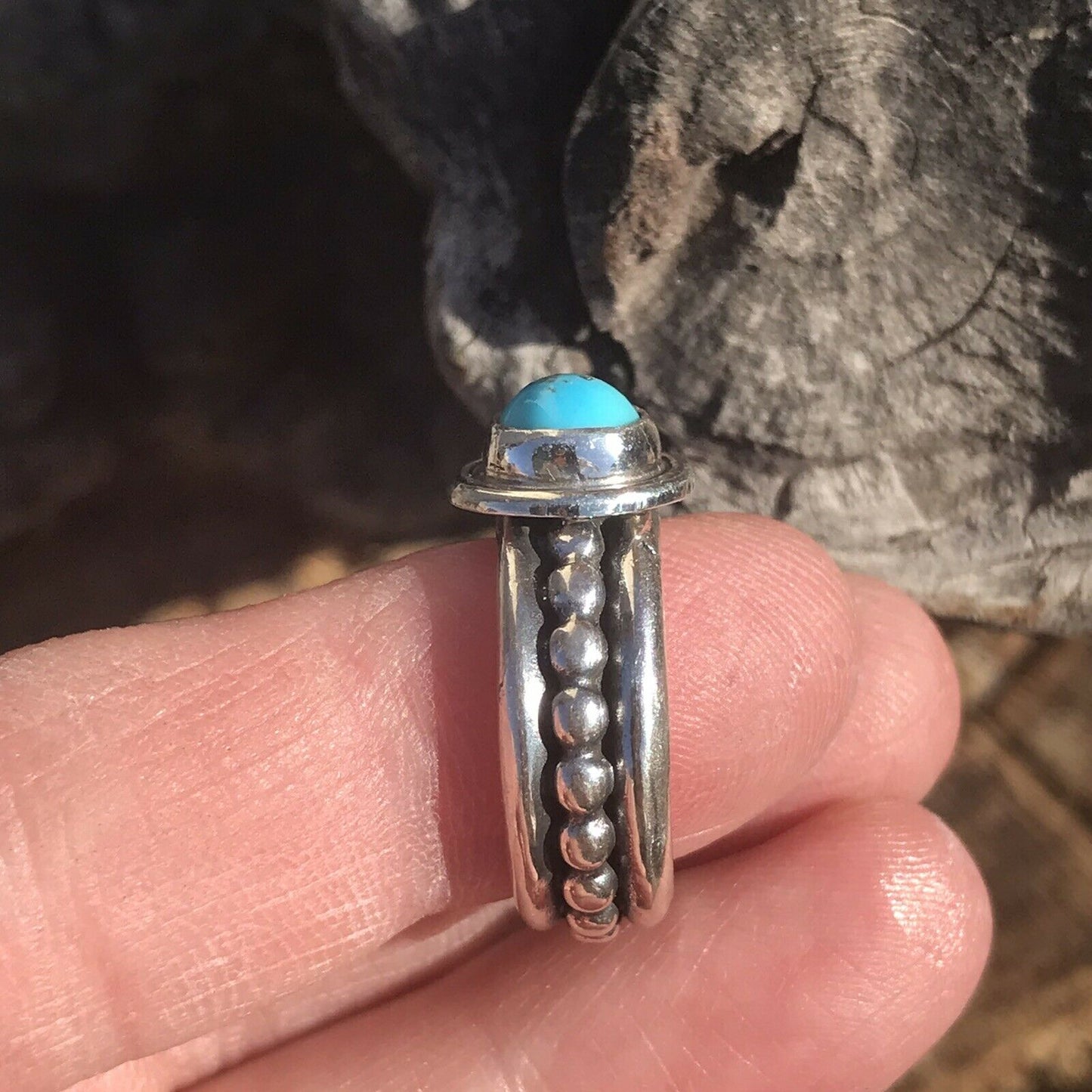 Navajo Kingman Turquoise & Sterling Silver Dotted Band Ring