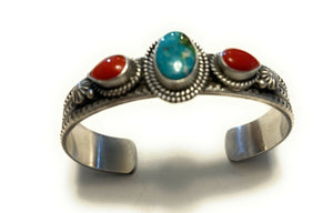 Navajo Sterling Silver Red Coral & Turquoise Bracelet Signed M & R Calladitto