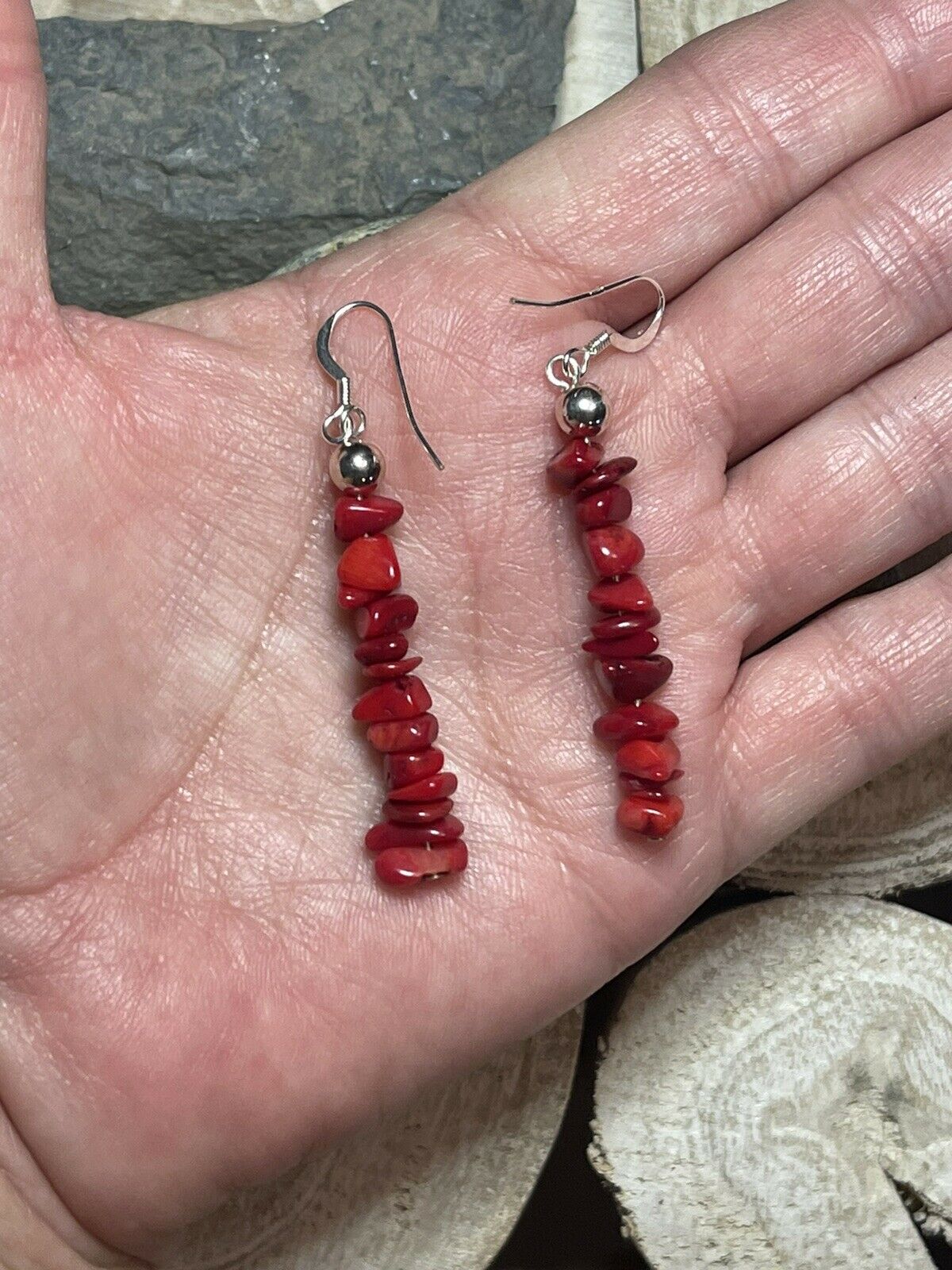 Navajo Sterling Silver Apple Coral Chip Dangle Earrings