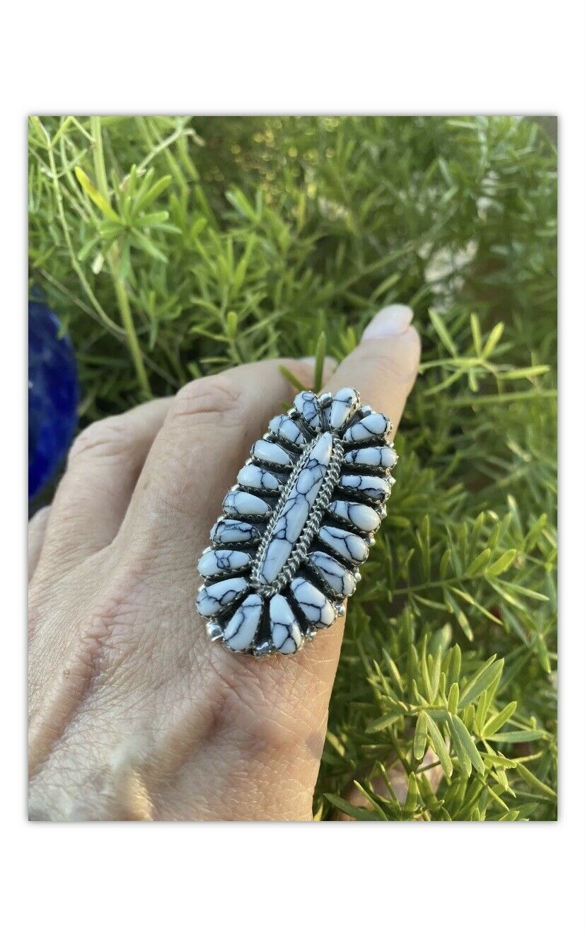 Navajo Sterling Silver and White Buffalo Cluster Ring