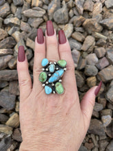 Load image into Gallery viewer, Navajo Sterling Sonoran Gold And Golden Hills Turquoise Cluster Ring Size 6.5
