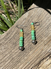 Load image into Gallery viewer, Navajo Sterling Silver Golden Quartz and Green Kingman Turquoise Dangle Earrings