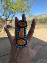 Load image into Gallery viewer, Devon Brown Navajo Sterling Silver, Turquoise &amp; Orange Spiny Oyster Ring Sz 8.5