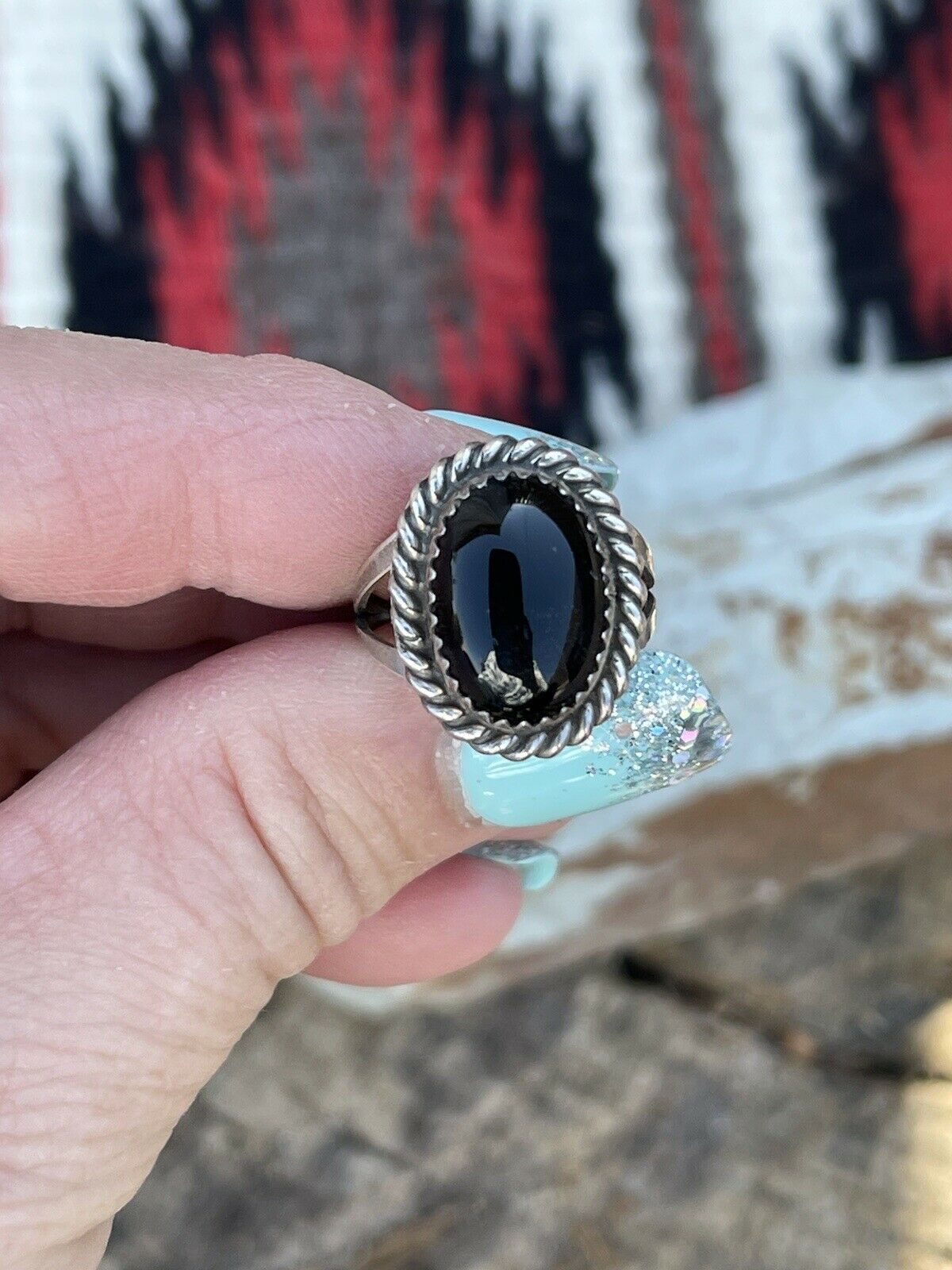 Navajo Sterling Silver Black Onyx Rope Style Ring