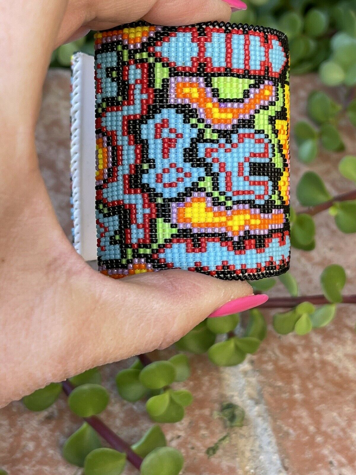 Navajo Handmade Beaded Flower Lotus Cuff Bracelet