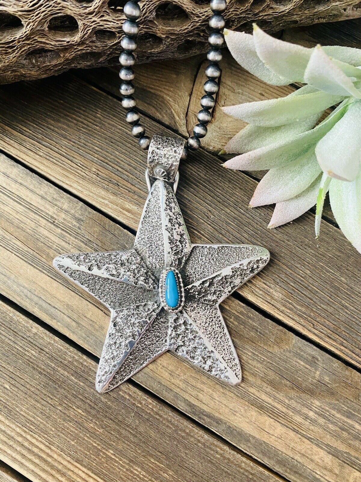 Navajo Turquoise & Sterling Silver Tufa Cast Star Pendant